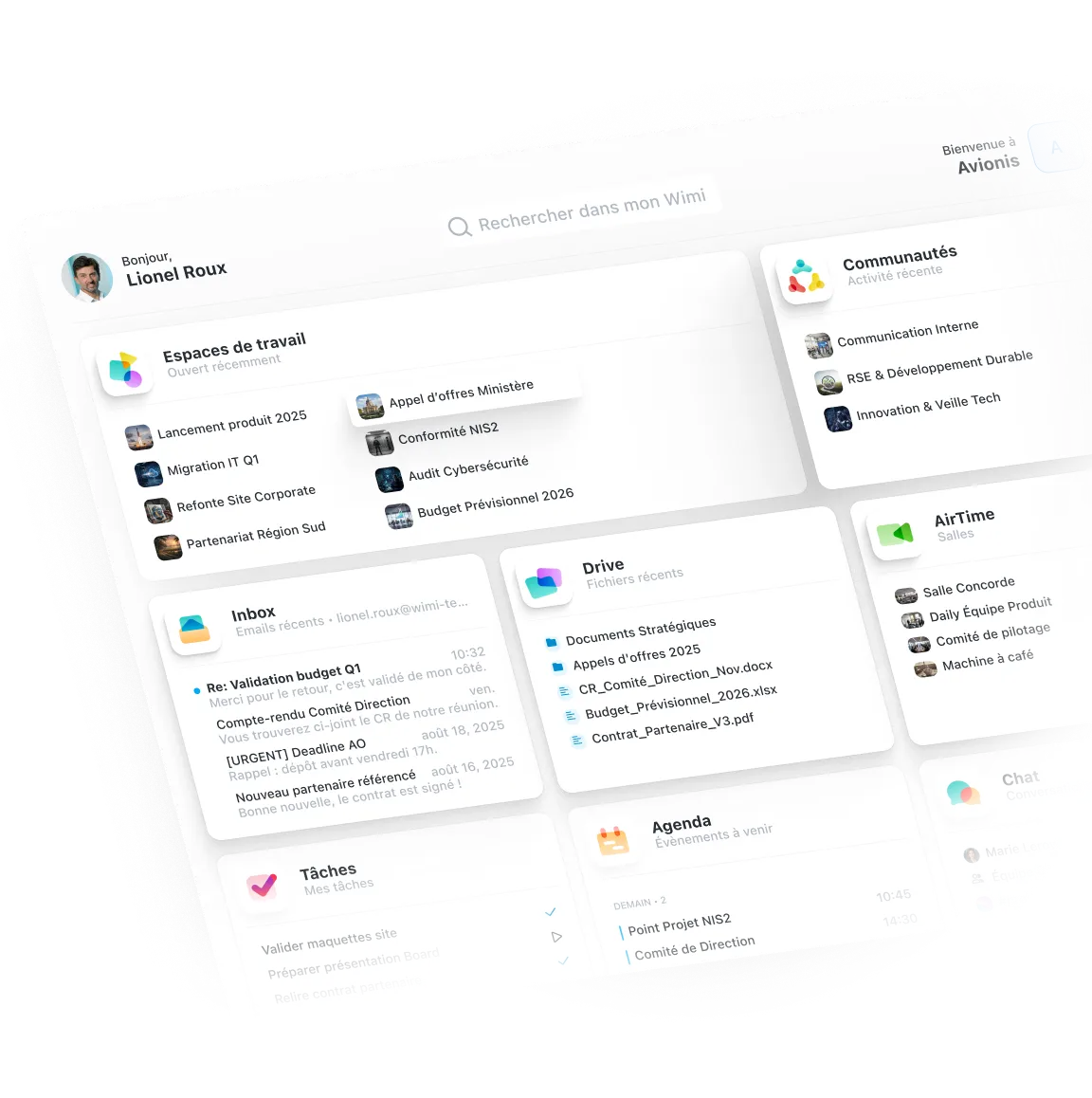 Interface principale du Wimi Workboard sur ordinateur 