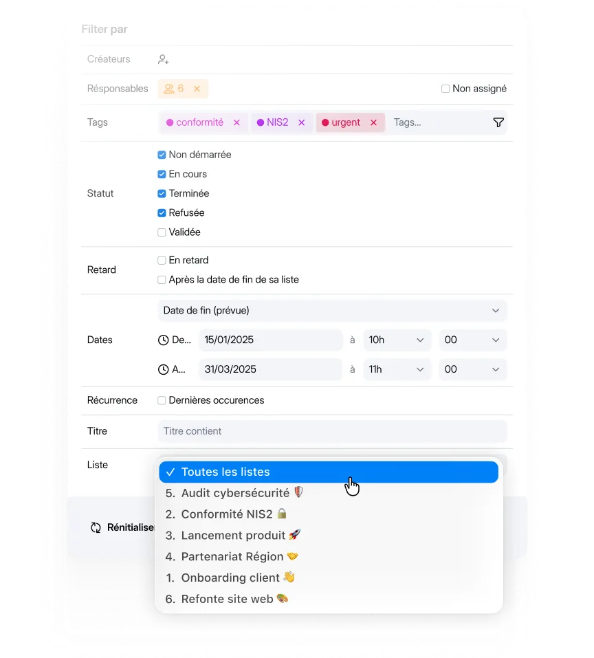 Filtres intelligents gestion de tâches